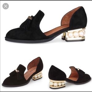 Jeffrey Campbell Civil Pearl Heel Black Leather Loafers